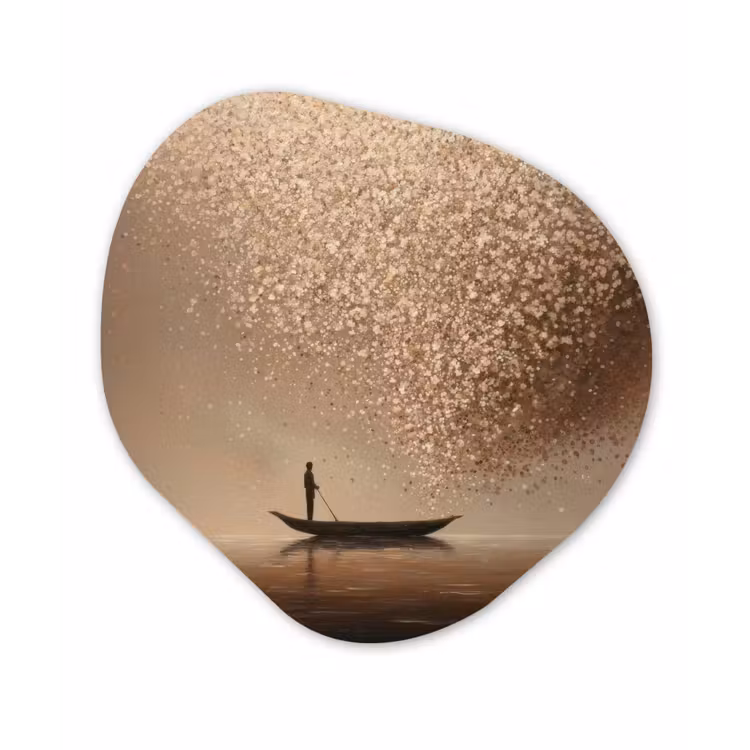 Bootje - Blaadjes - Goud - Water Wandcirkel Organisch Aluminium middel -3d