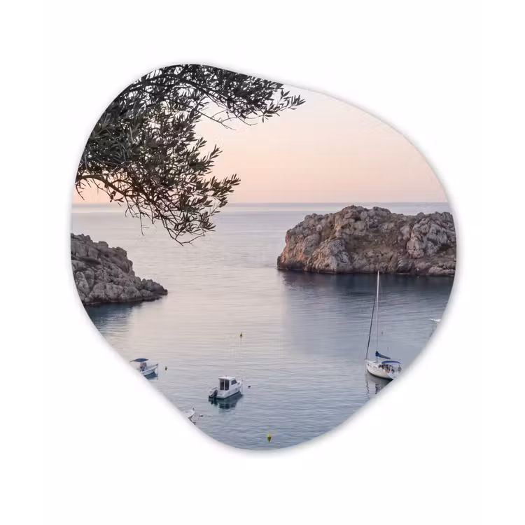 Alu-Dibond-Bild Organische Form - Bucht – Boote – Sonnenuntergang - Baai - boten - zonsondergang Wandcirkel Organisch Aluminium middel