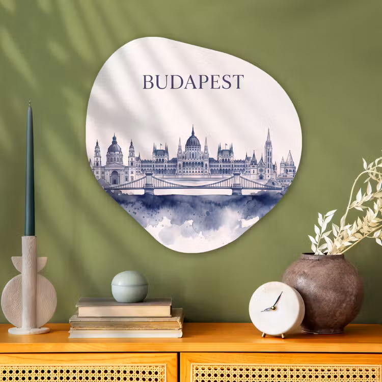 Boedapest - Skyline - Architectuur - Aquarel - Blauw Wandcirkel Organisch Aluminium middel -sfeer2