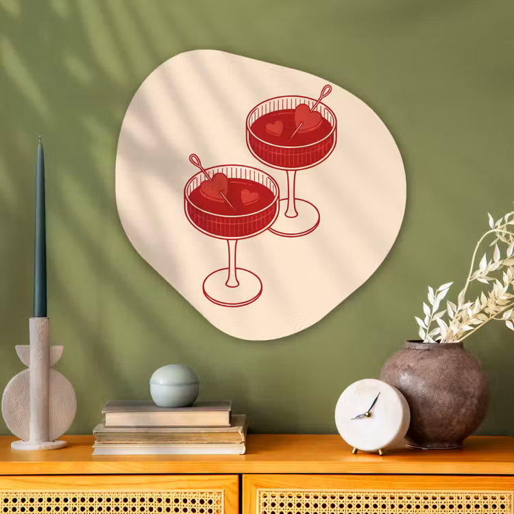 Cocktail - Hartjes - Liefde - Illustratie - Rood Wandcirkel Organisch Aluminium middel -sfeer2
