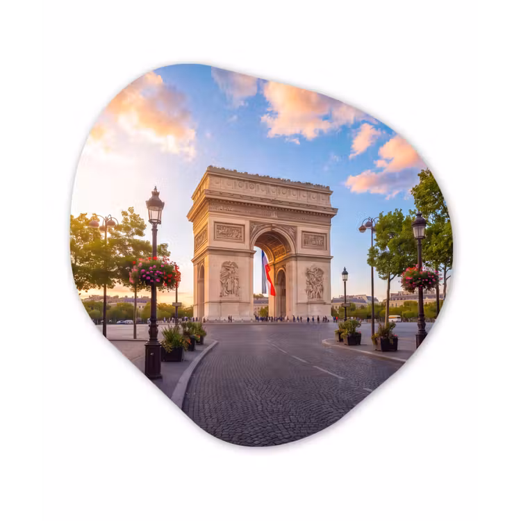 Monument - Parijs - Zonsondergang - Architectuur - Goud Wandcirkel Organisch Aluminium middel -3d