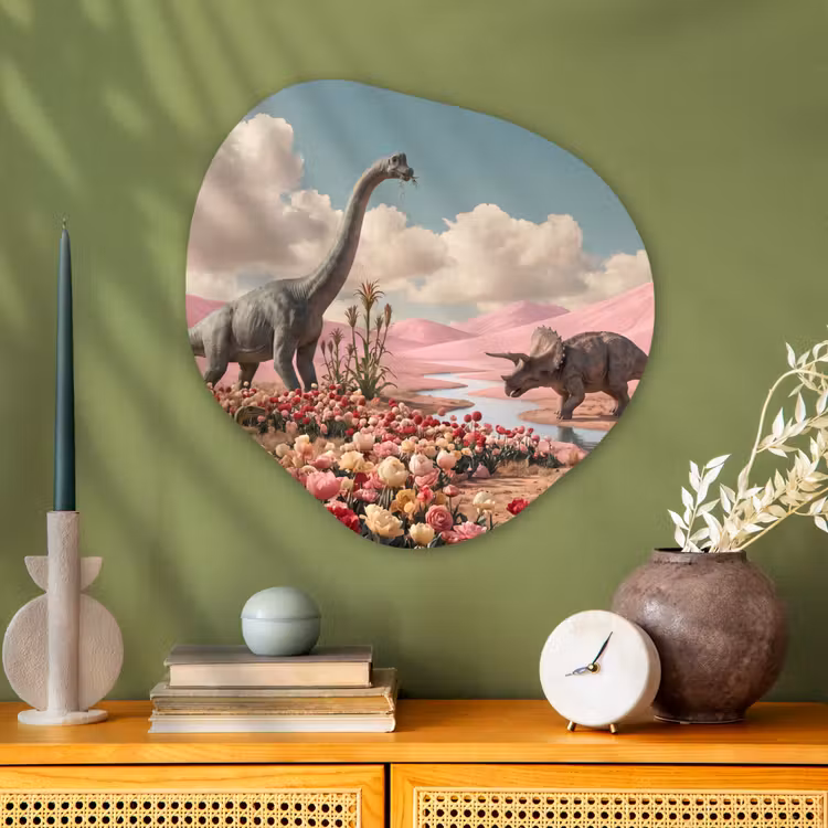 Alu-Dibond-Bild Organische Form - Dinosaurier – Rosa – Landschaft - Dinosaurus - Roze - Landschap Wandcirkel Organisch Aluminium middel