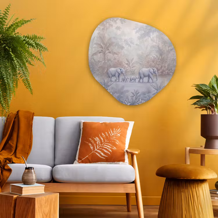 Olifant - Familie - Jungle - Illustratie - Grijs Wandcirkel Organisch Aluminium middel -sfeer4