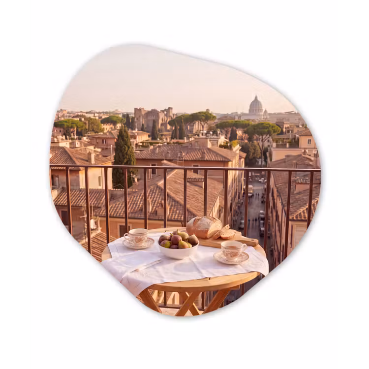 Eten - Ontbijt - Balkon - Stad - Zonsopgang Wandcirkel Organisch Aluminium middel -3d