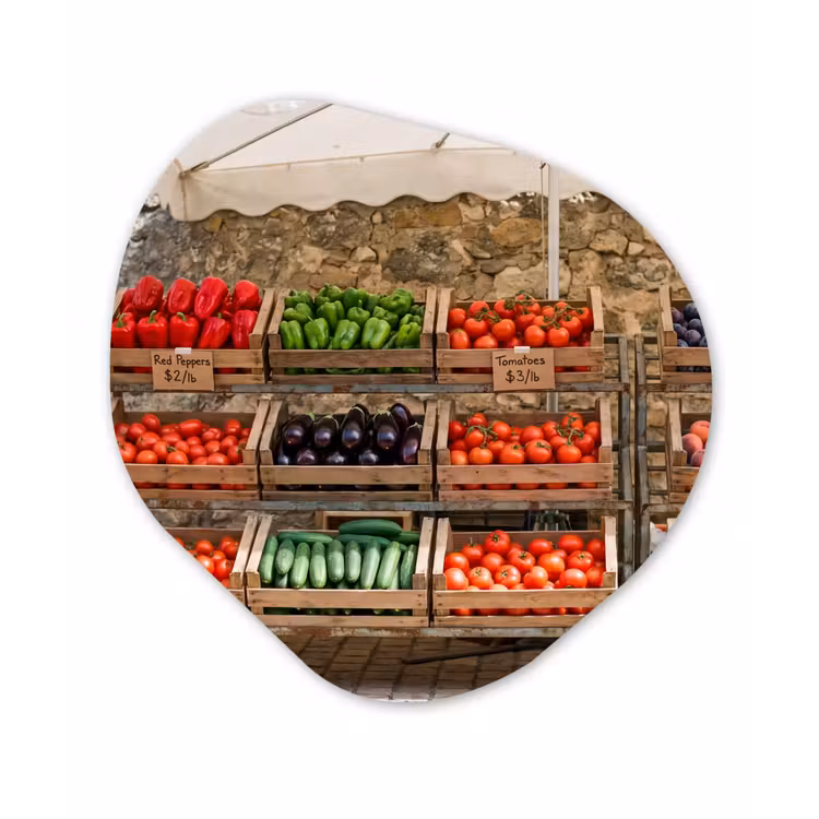 Alu-Dibond-Bild Organische Form - Essen – Markt – Frisch - Eten - Markt - Vers Wandcirkel Organisch Aluminium middel