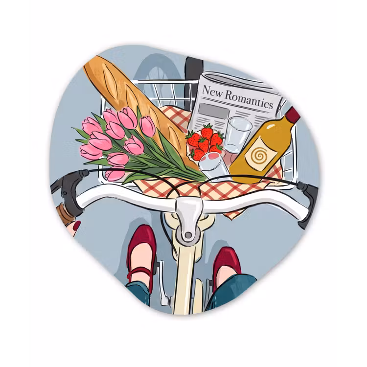 Fiets - Picknick - Zomer - Illustratie Wandcirkel Organisch Aluminium middel -3d