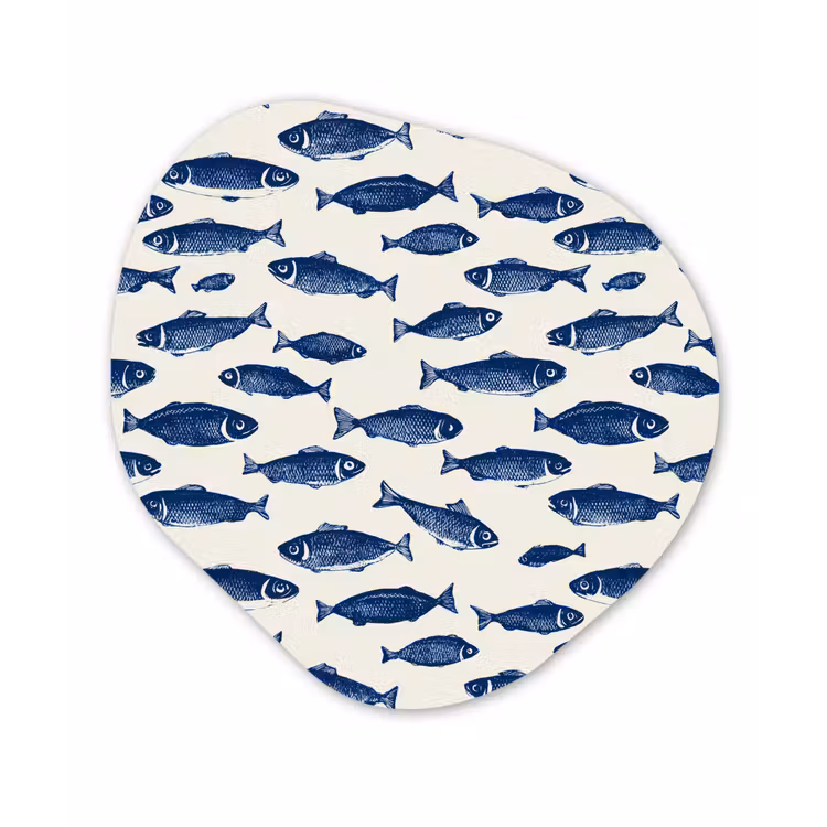 Vissen - Patroon - Blauw - Wit Wandcirkel Organisch Aluminium middel 851 -3d