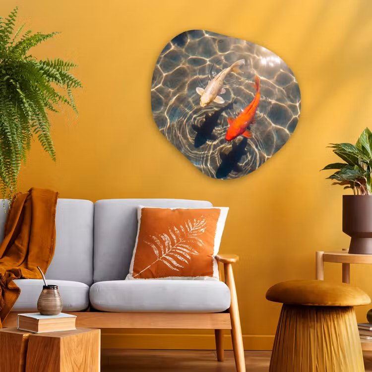 Vis - Water - Dieren - Oranje - Goud Wandcirkel Organisch Aluminium middel -sfeer4