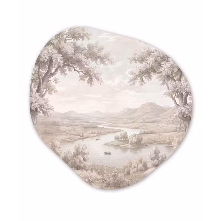 Rivierlandschap - Bergen - Natuur - Vintage - Beige Wandcirkel Organisch Aluminium middel -3d
