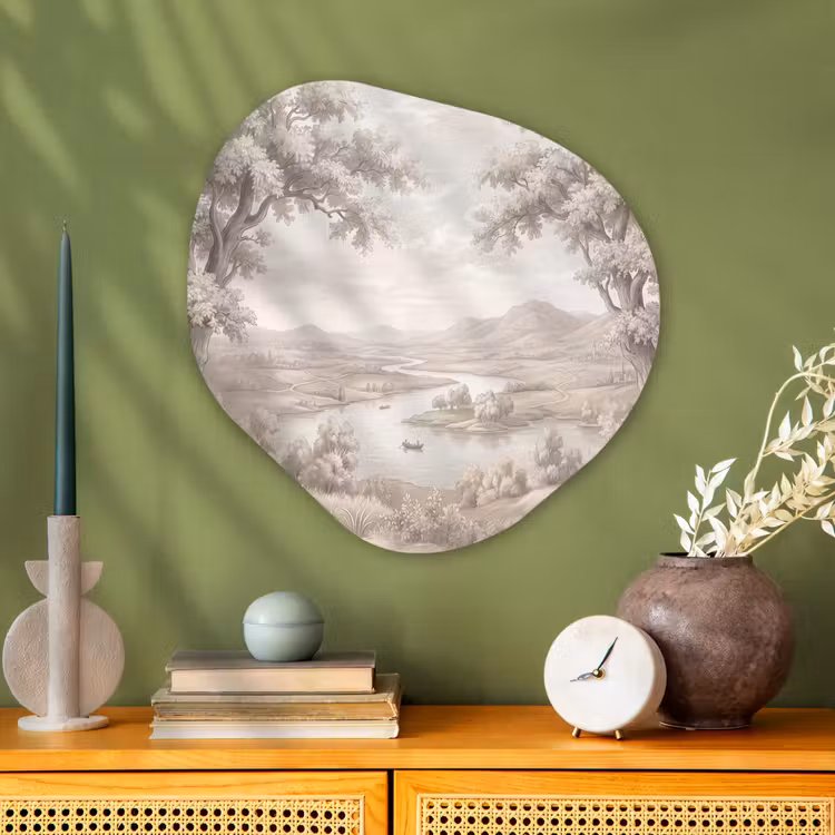 Rivierlandschap - Bergen - Natuur - Vintage - Beige Wandcirkel Organisch Aluminium middel -sfeer2