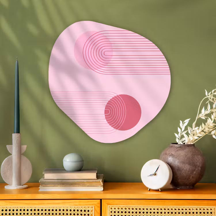 Vormen - Lijnen - Minimalistisch - Roze Wandcirkel Organisch Aluminium middel -sfeer2
