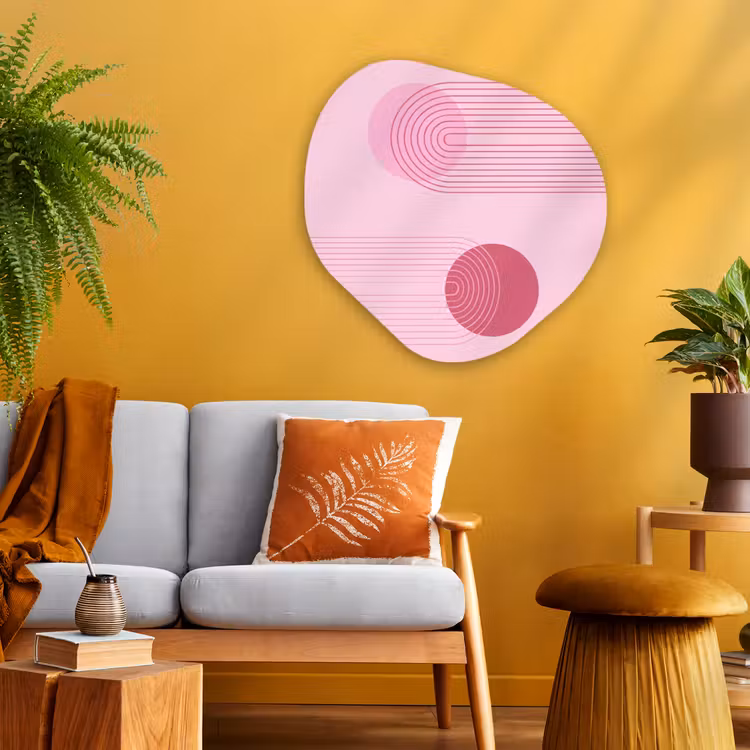 Vormen - Lijnen - Minimalistisch - Roze Wandcirkel Organisch Aluminium middel -sfeer4