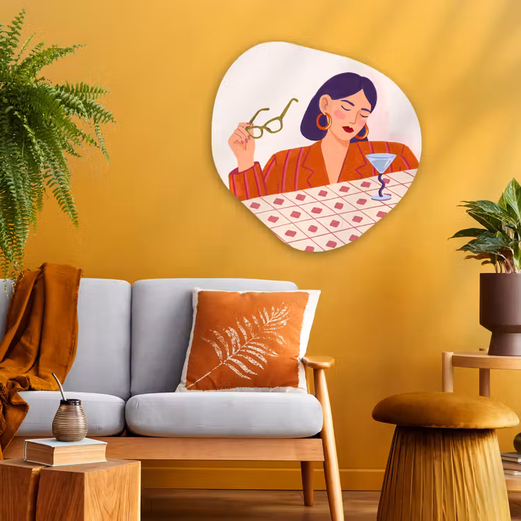 Vrouw - Bril - Cocktail - Illustratie - Modern Wandcirkel Organisch Aluminium middel -sfeer4