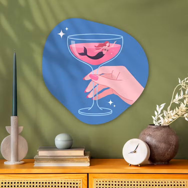 Vrouw - Glas - Abstract - Roze - Blauw Wandcirkel Organisch Aluminium middel -sfeer2