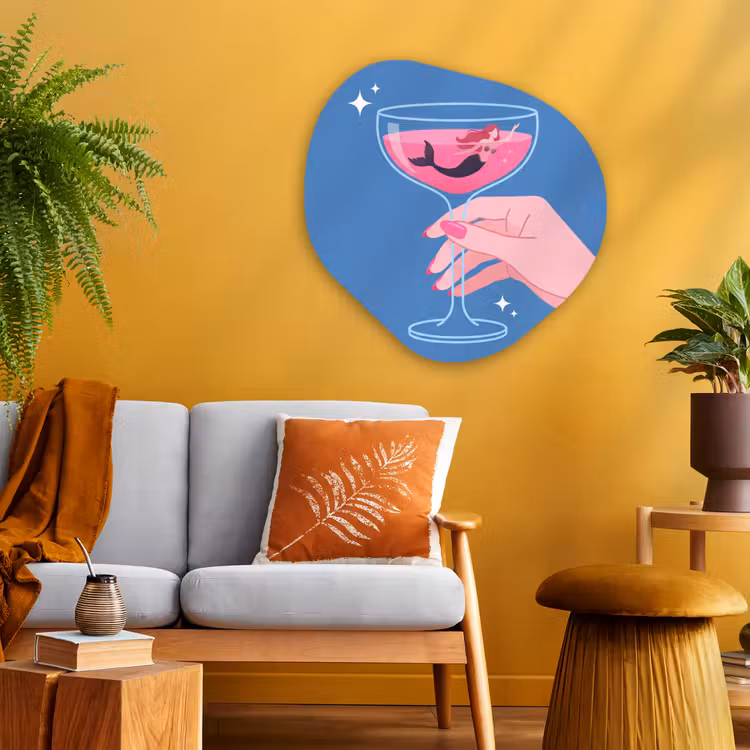 Vrouw - Glas - Abstract - Roze - Blauw Wandcirkel Organisch Aluminium middel -sfeer4