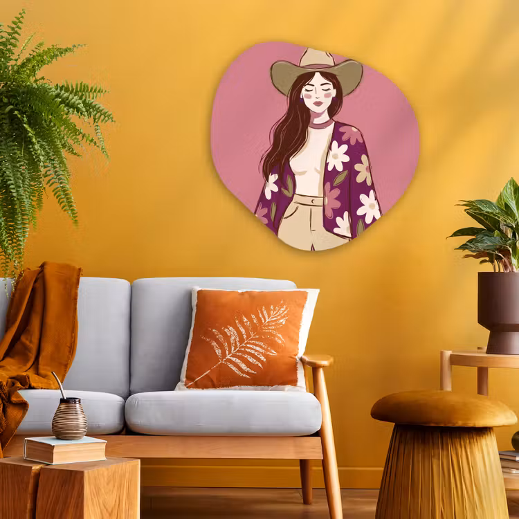 Vrouw - Hoed - Portret - Illustratie - Roze Wandcirkel Organisch Aluminium middel -sfeer4