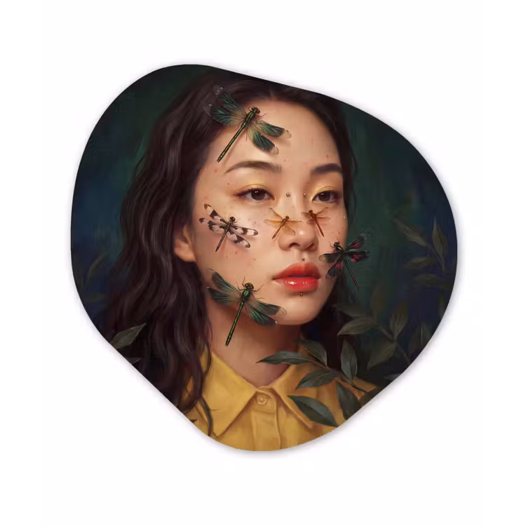Vrouw - Insecten - Natuur - Portret - Groen Wandcirkel Organisch Aluminium middel -3d