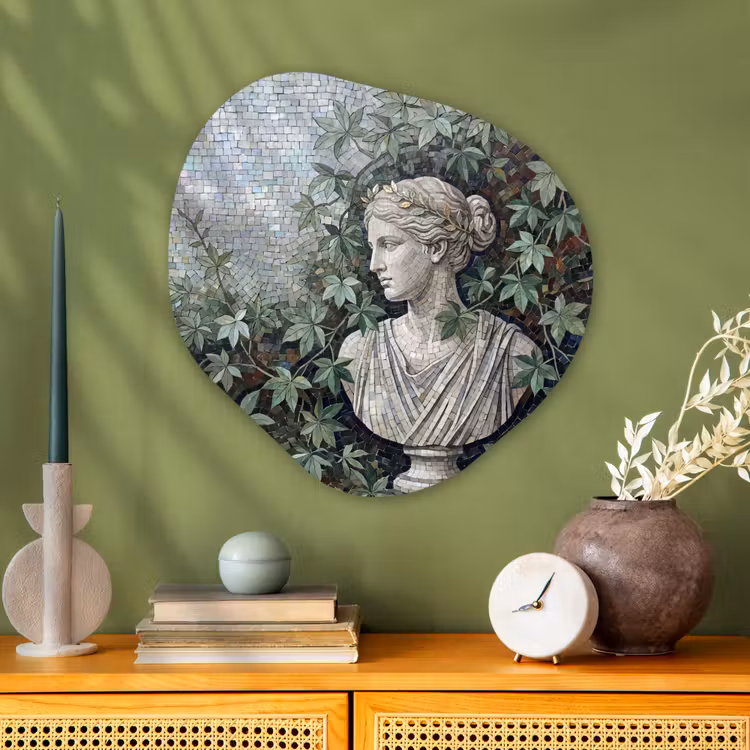 Vrouw - Klassiek - Mozaiëk - Natuur - Groen Wandcirkel Organisch Aluminium middel -sfeer2