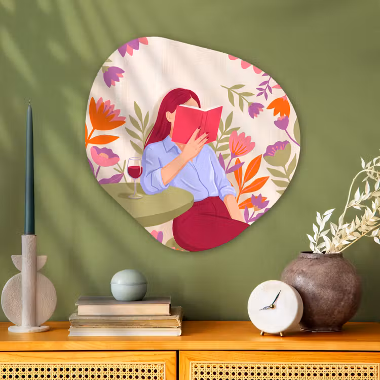 Vrouw - Lezen - Thuis - Modern - Bloemen Wandcirkel Organisch Aluminium middel -sfeer2