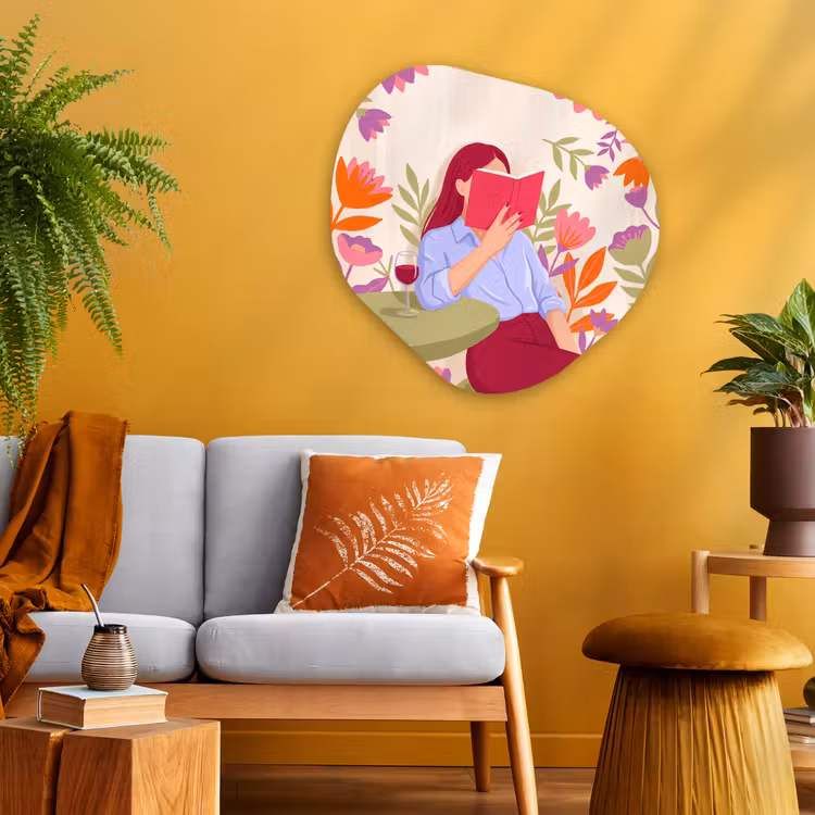 Vrouw - Lezen - Thuis - Modern - Bloemen Wandcirkel Organisch Aluminium middel -sfeer4