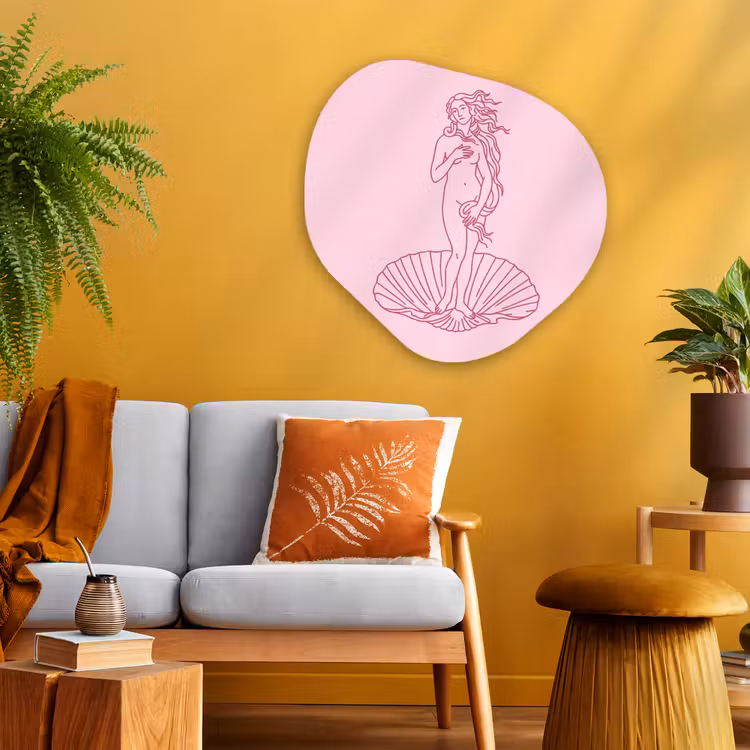 Vrouw - Schelp - Kunst - Lijntekening - Roze Wandcirkel Organisch Aluminium middel -sfeer4