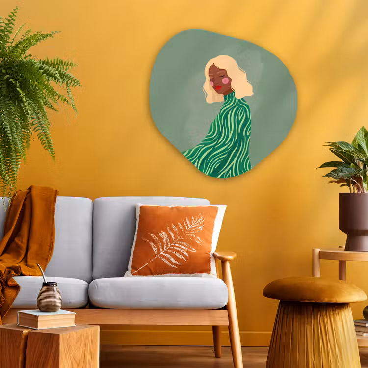 Vrouw - Portret - Illustratie - Modern - Groen Wandcirkel Organisch Aluminium middel -sfeer4