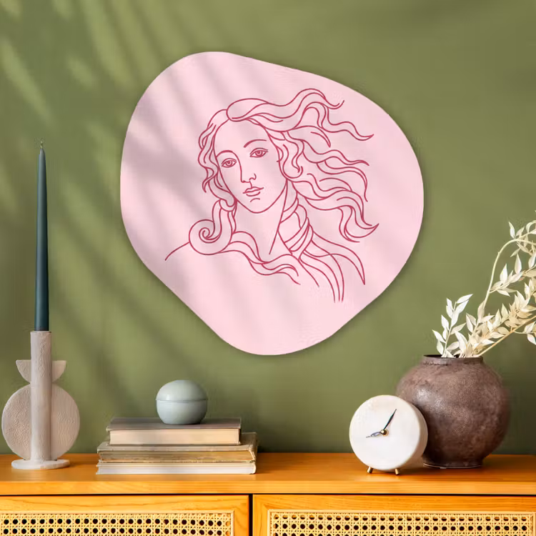 Vrouw - Portret - Klassiek - Line-art - Roze Wandcirkel Organisch Aluminium middel -sfeer2