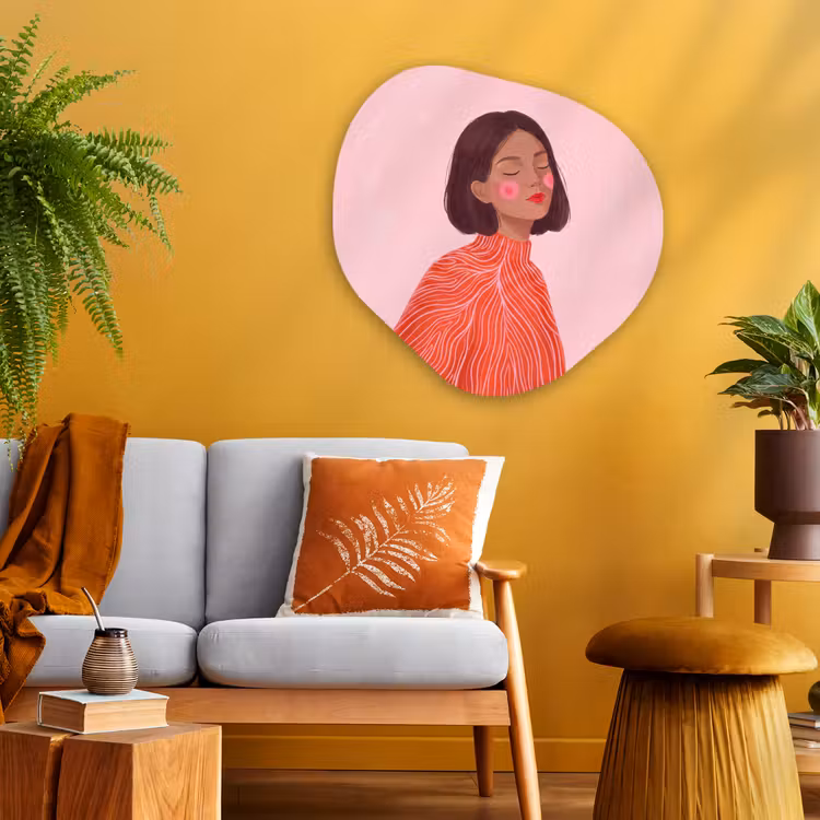 Vrouw - Portret - Modern - Kunst - Roze Wandcirkel Organisch Aluminium middel -sfeer4