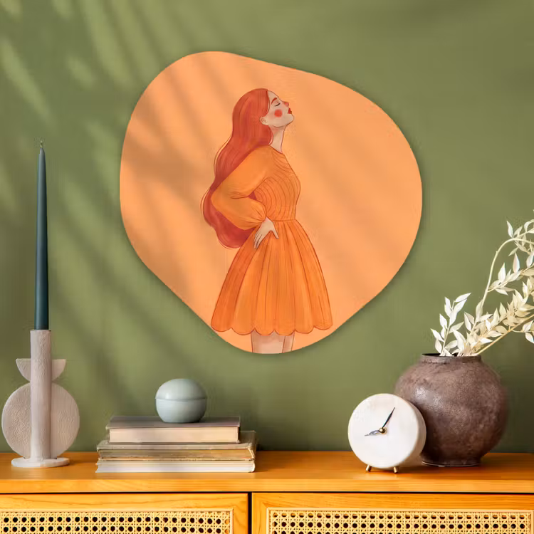 Vrouw - Profiel - Mensen - Modern - Oranje Wandcirkel Organisch Aluminium middel -sfeer2