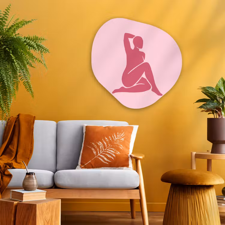 Vrouw - Silhouet - Abstract - Modern - Roze Wandcirkel Organisch Aluminium middel -sfeer4