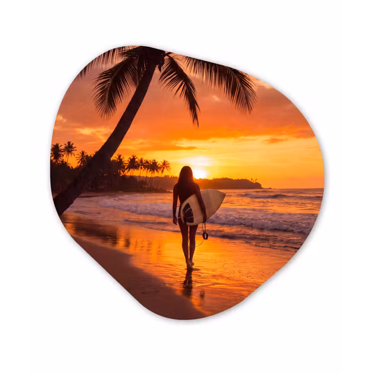 Vrouw - Surfplank - Strand - Zonsondergang - Oranje Wandcirkel Organisch Aluminium middel -3d
