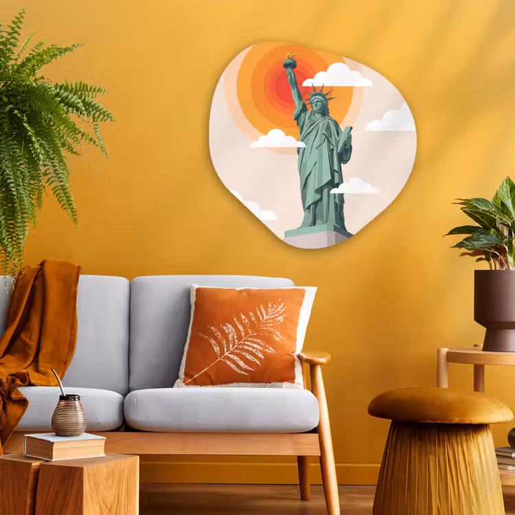 Vrijheidsbeeld - New York - Zon - Modern Wandcirkel Organisch Aluminium middel -sfeer4
