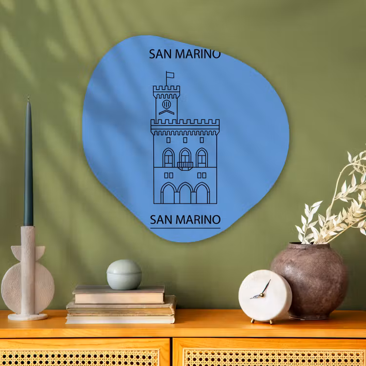 Gebouw - San Marino - Architectuur - Lijntekening - Blauw Wandcirkel Organisch Aluminium middel -sfeer2