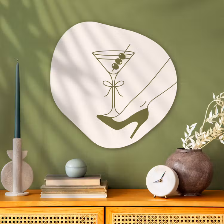 Drank - Martini - Hoge hak - Mode - Groen Wandcirkel Organisch Aluminium middel -sfeer2