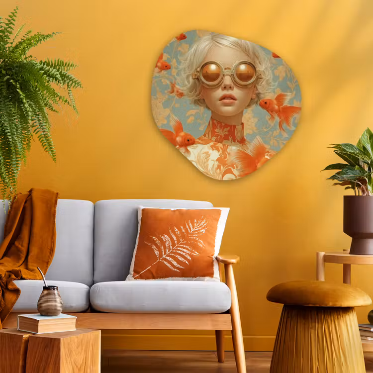 Goudvissen - Oranje - Vrouw - Blond Wandcirkel Organisch Aluminium middel -sfeer4