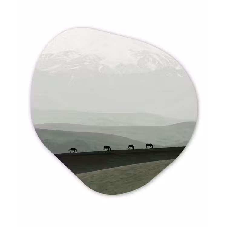 Grijs - Berg - Paarden Wandcirkel Organisch Aluminium middel -3d