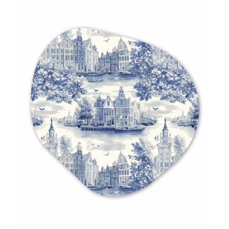 Huizen - Bomen - Water - Vogels - Blauw Wandcirkel Organisch Aluminium middel 851 -3d
