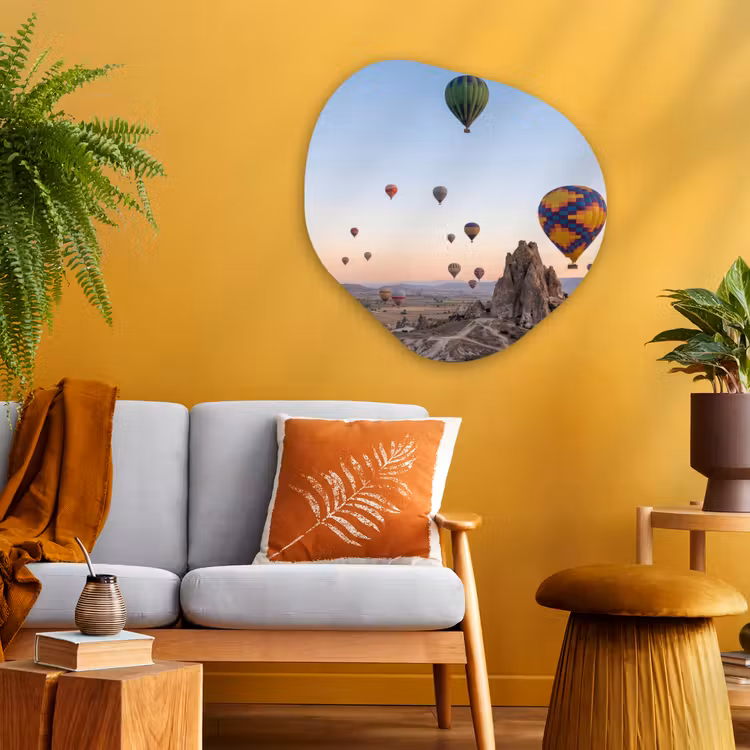 Luchtballonnen - Rotsen - Zonsopgang Wandcirkel Organisch Aluminium middel -sfeer4