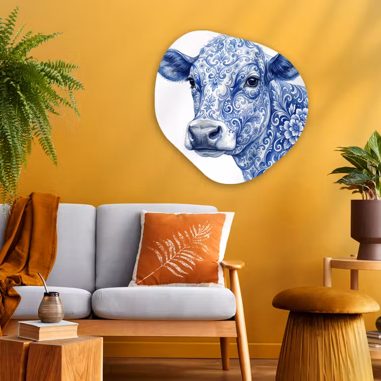 Illustratie - Koe - Blauw Wandcirkel Organisch Aluminium middel -sfeer4