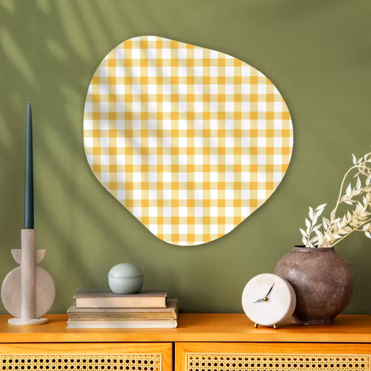 Ruit - Gingham - Klassiek - Geel en Wit Wandcirkel Organisch Aluminium middel 851 -sfeer2