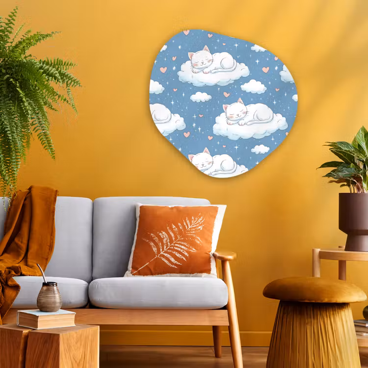 Kitten - Wolken - Blauw Wandcirkel Organisch Aluminium middel 851 -sfeer4