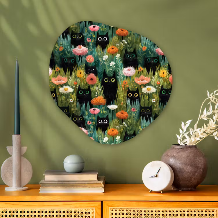 Katten - Bloemen - Kleurrijk Wandcirkel Organisch Aluminium middel 851 -sfeer2