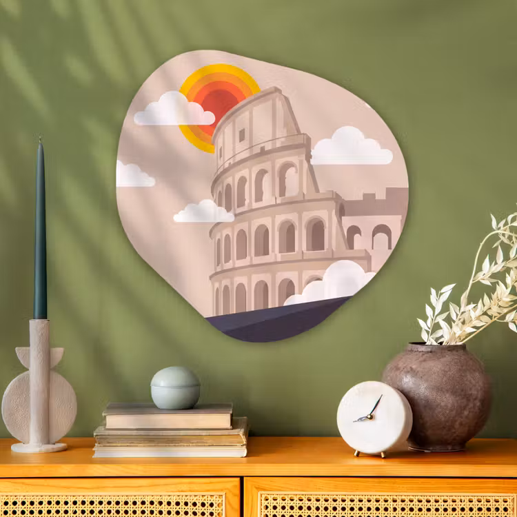 Colosseum - Zonsopgang - Rome - Architectuur - Beige Wandcirkel Organisch Aluminium middel -sfeer2