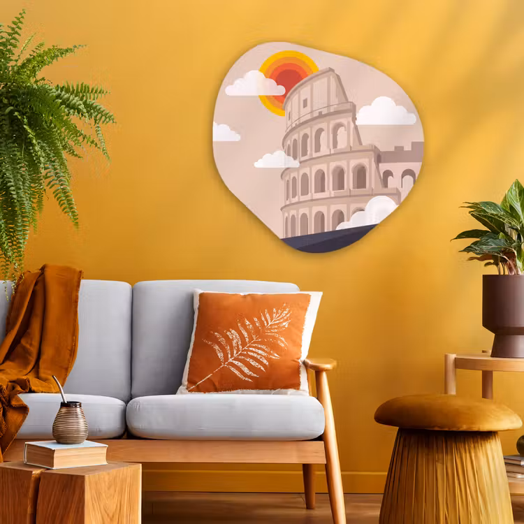 Colosseum - Zonsopgang - Rome - Architectuur - Beige Wandcirkel Organisch Aluminium middel -sfeer4
