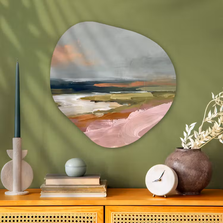 Landschap - Rivier - Abstract - Roze - Groen Wandcirkel Organisch Aluminium middel -sfeer2