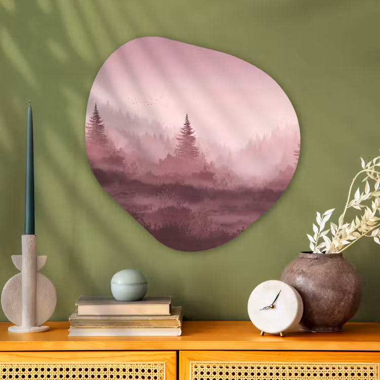 Landschap - Mistig - Roze Wandcirkel Organisch Aluminium middel -sfeer2