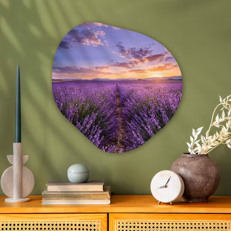 Lavendel - Veld - Natuur - Paars Wandcirkel Organisch Aluminium middel -sfeer2