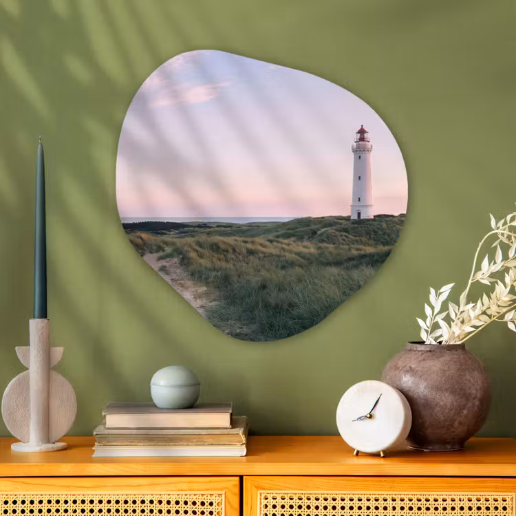 Vuurtoren - Duinlandschap - Zee Wandcirkel Organisch Aluminium middel -sfeer2