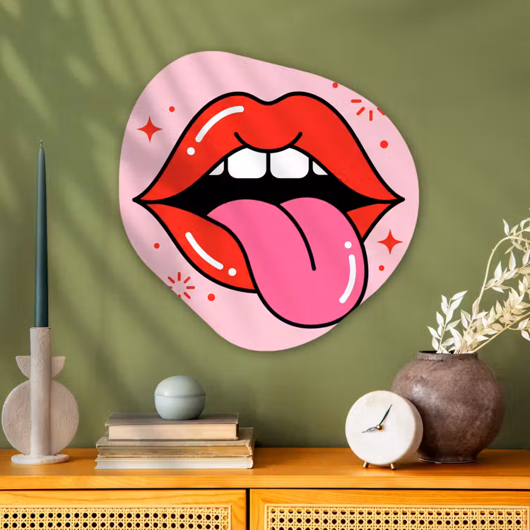 Lippen - Tong - Pop-art - Kleurrijk - Roze Wandcirkel Organisch Aluminium middel -sfeer2