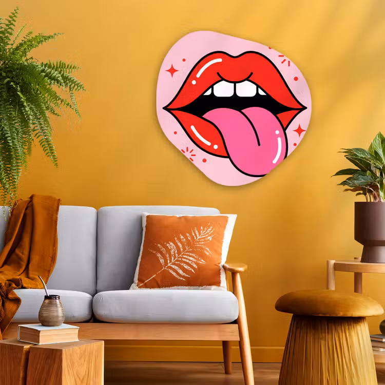 Lippen - Tong - Pop-art - Kleurrijk - Roze Wandcirkel Organisch Aluminium middel -sfeer4